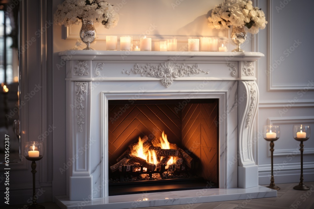 Close up white fireplace, Elegant background.