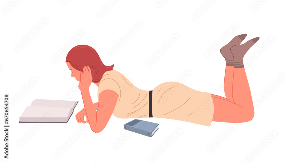 Girl reading a book lying on the floor. Education hobby concept vector illustration 