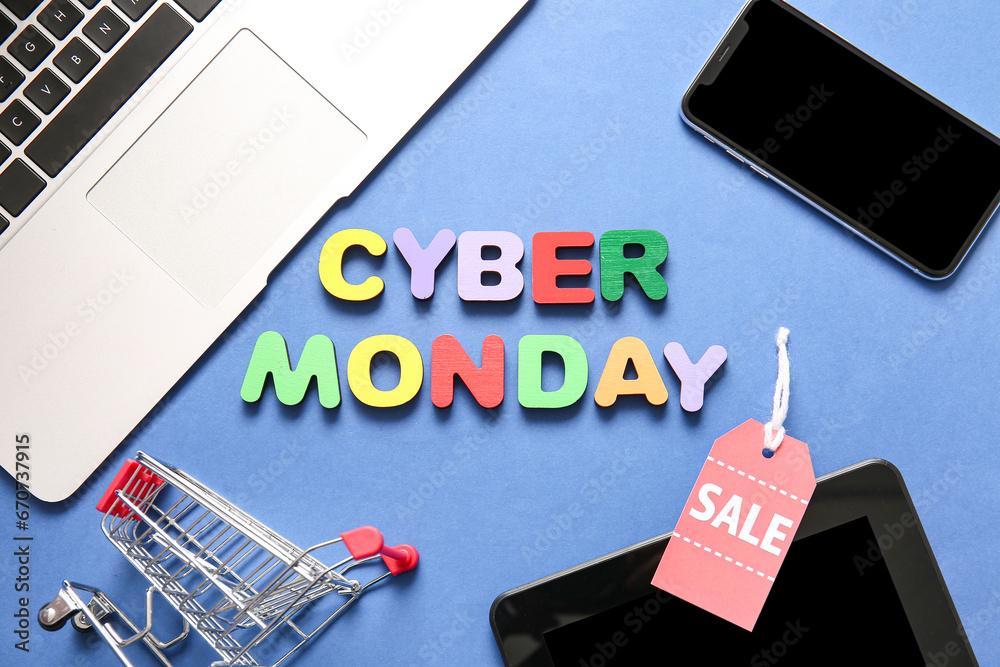 Text CYBER MONDAY made of colorful letters and gadgets on color background