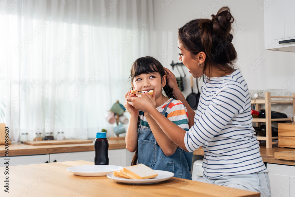 Caucasian happy family, parent spend time with kid together at home. 