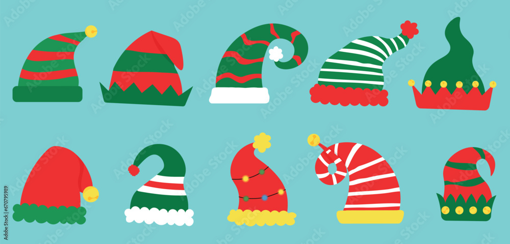 Set of Christmas elfs hats on blue background