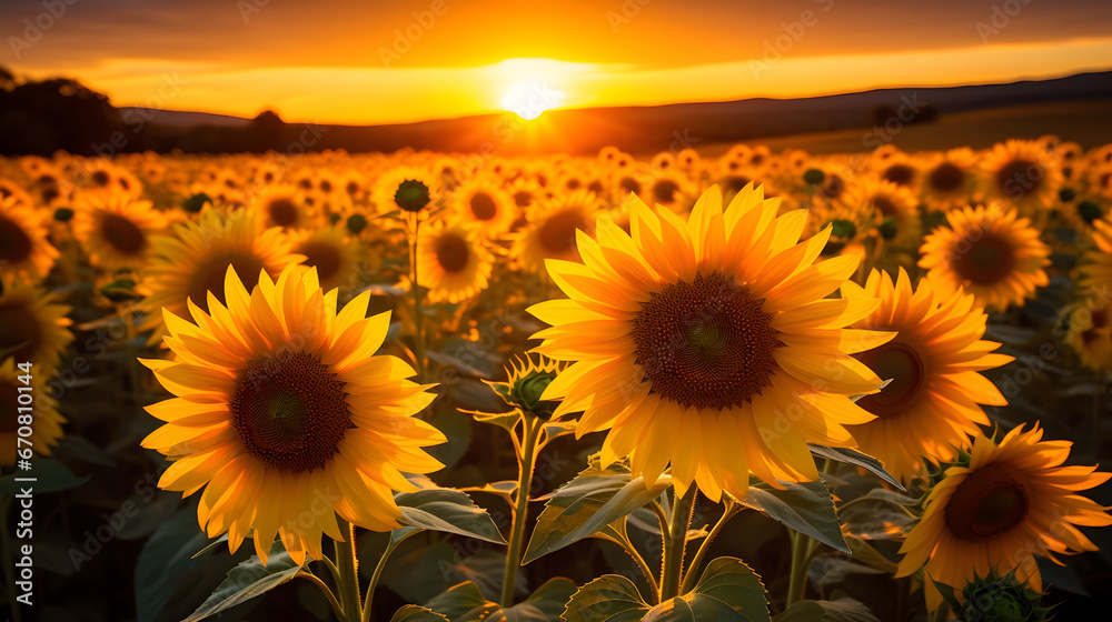 sunflower field at sunset, Beautiful sunset over sunflower field