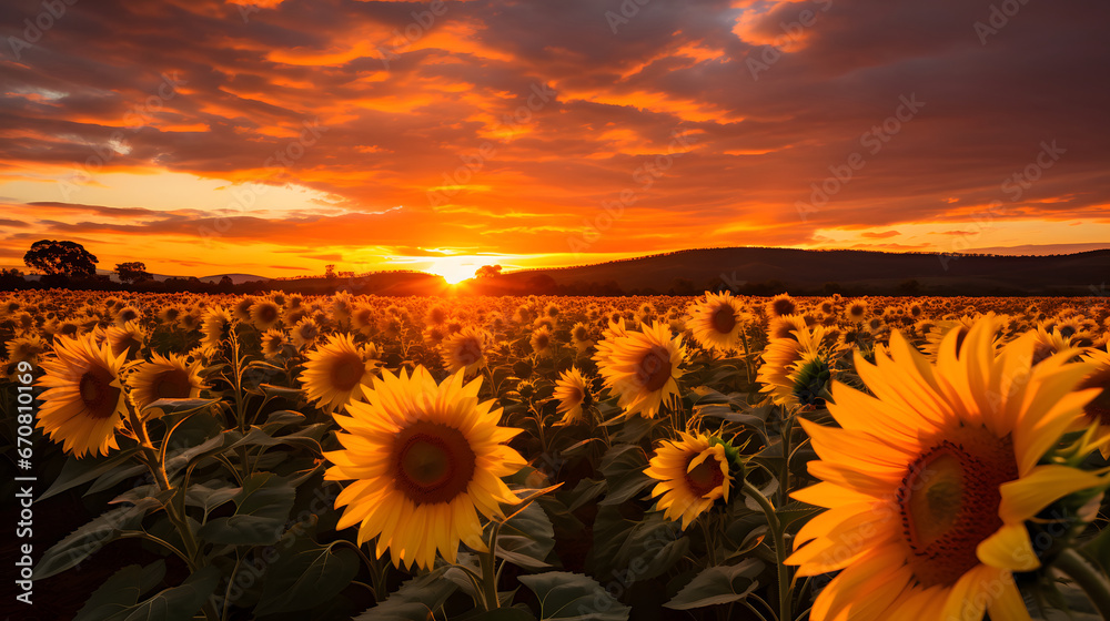 sunflower field at sunset, Beautiful sunset over sunflower field