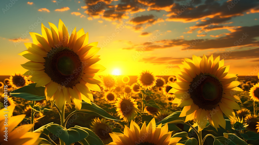 sunflower field at sunset, Beautiful sunset over sunflower field