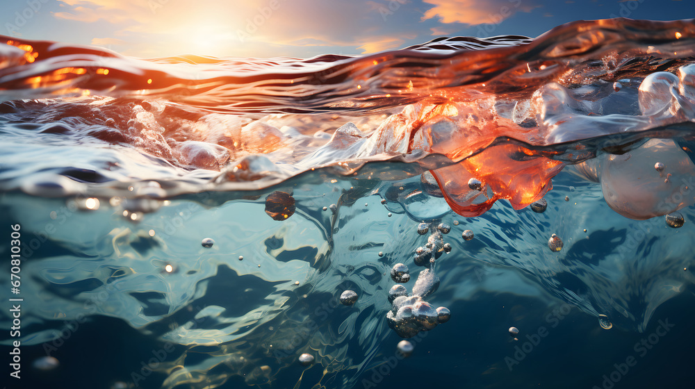 Dramatic Colorful Sunset Sky over Mediterranean Sea. Cloudscape Nature Background. Panorama, orange water splash