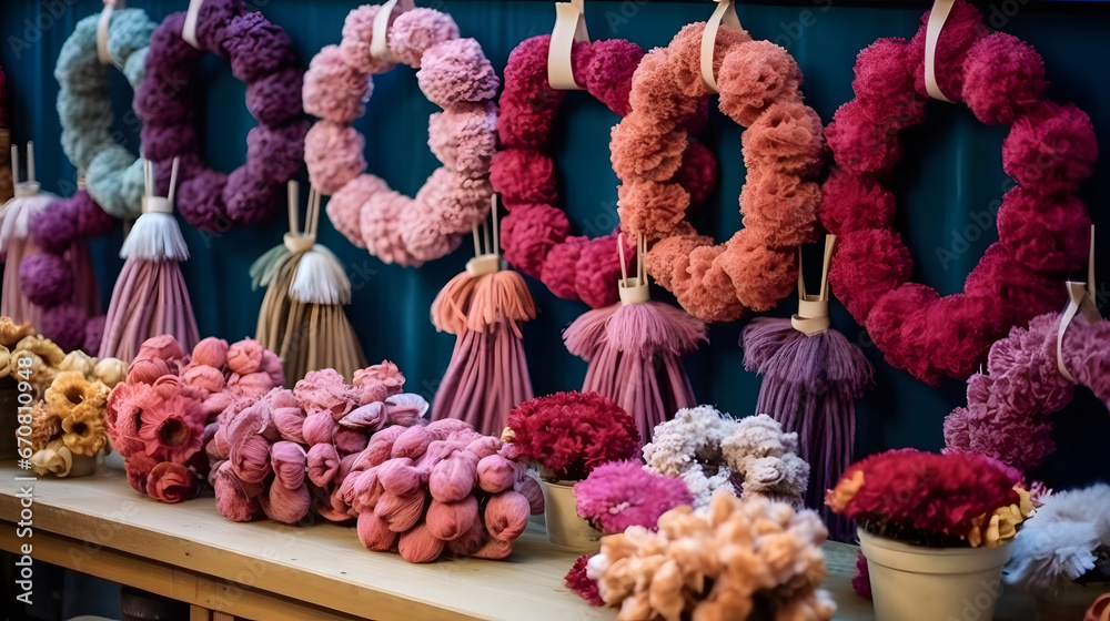 a variety of handmade wreaths on display at a stall, christmas decorations on a wooden background