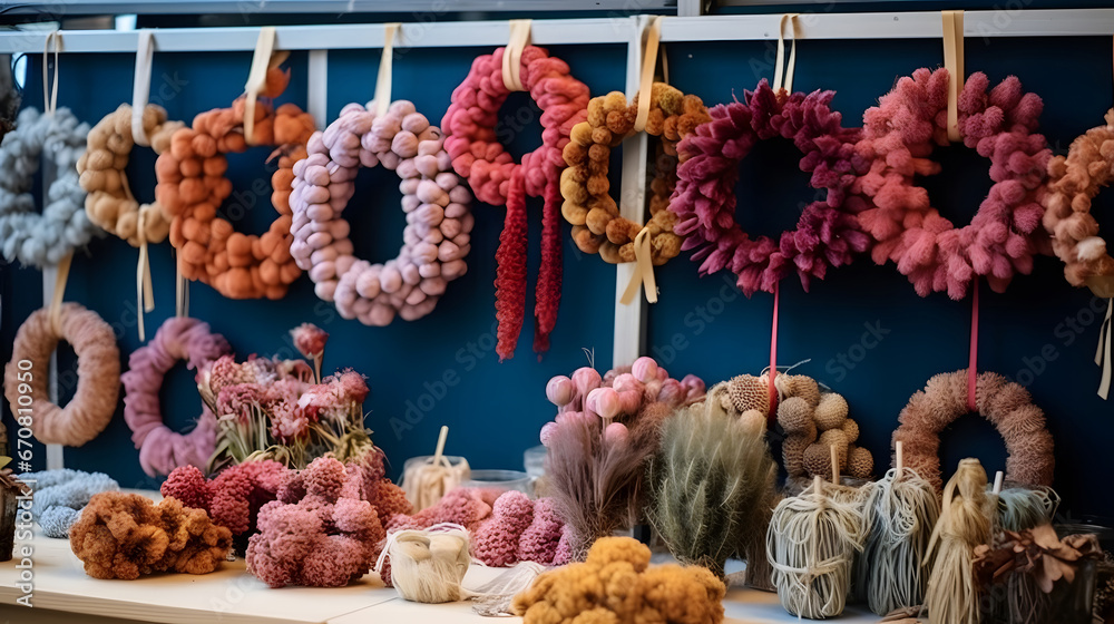 a variety of handmade wreaths on display at a stall, christmas decorations on a wooden background