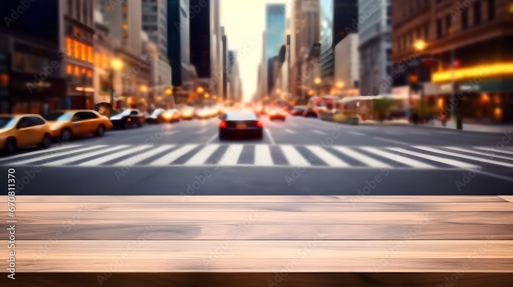 The empty wooden table top with blur background of  street city. 