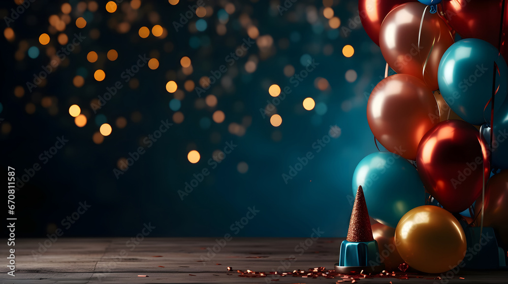 balloons and confetti on a black background,  festive background with fireworks and colored balloons on the table, in the style of dark teal and bronze,