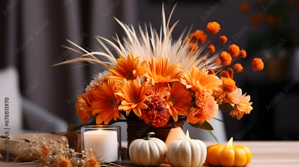 Beautiful autumn composition with bright orange flowers, pumpkins and burning candles on wooden table in room