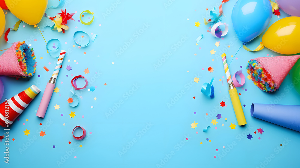 Birthday party caps, blowers and candles on blue background