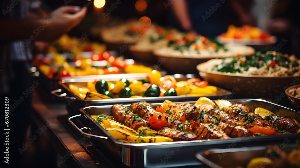 People group catering buffet food indoor in restaurant with meat colorful fruits and vegetables.