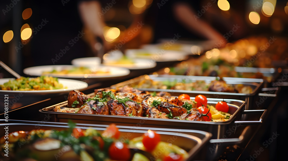 People group catering buffet food indoor in restaurant with meat colorful fruits and vegetables.