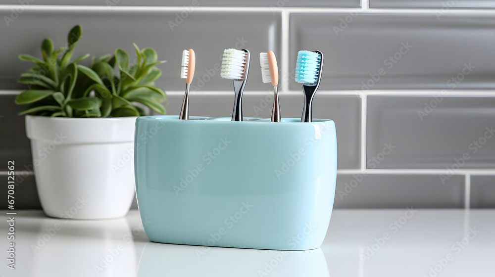 Holder with plastic toothbrushes on white countertop in bathroom