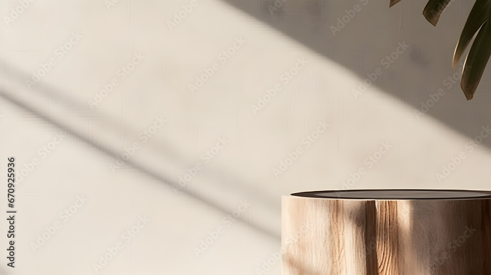 Minimal, natural log wood podium table in sunlight, palm leaf shadow in blank cream white wall, floor for modern luxury beauty, cosmetic, organic, nature, fashion product display background 3D renderi