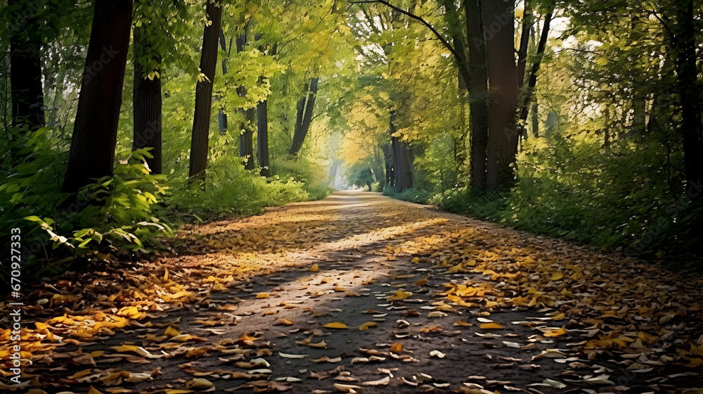 Leaves forming a pathway through the woods,autumn in the forest