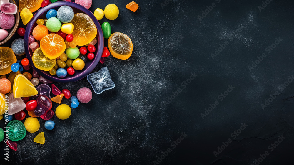 Top view on delicious multicolored candies on black rustic background. Generative AI