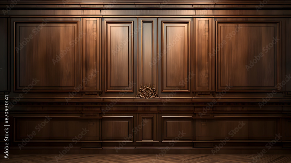 Luxury wood paneling background or texture. highly crafted classic or traditional wood paneling, with a frame pattern, often seen in courtrooms, premium hotels, and law offices. .