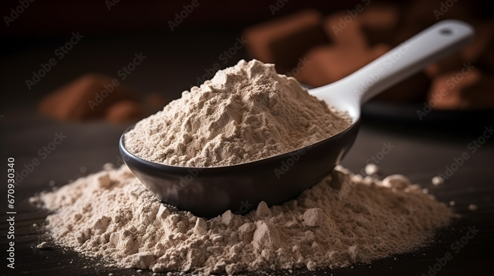 Scoop with whey protein powder. Sport food supplement and gym diet