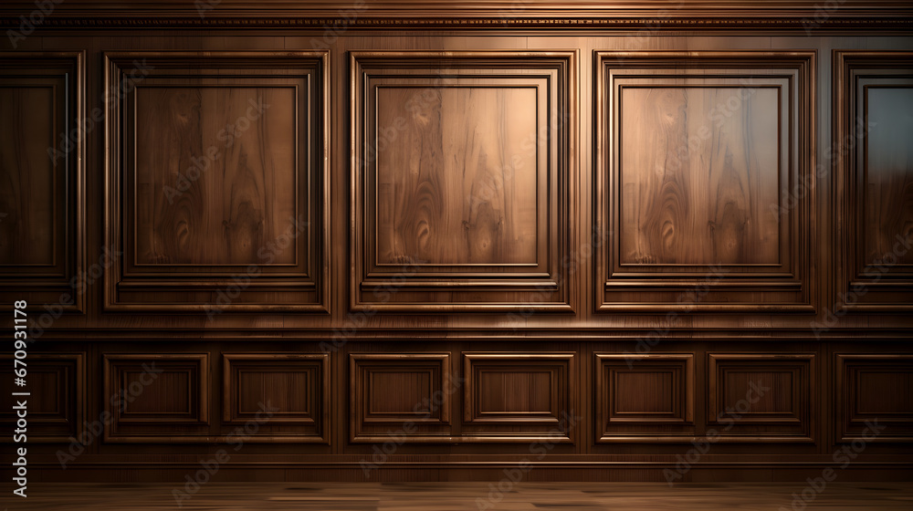 Luxury wood paneling background or texture. highly crafted classic or traditional wood paneling, with a frame pattern, often seen in courtrooms, premium hotels, and law offices. .