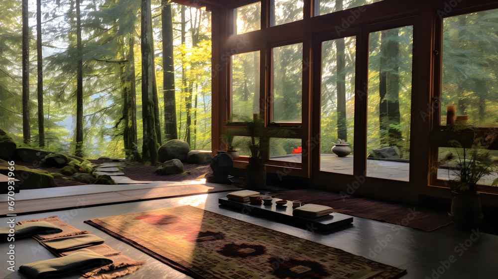 Tranquil yoga retreat in the woods.