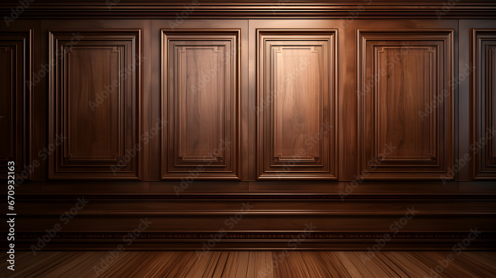 Luxury wood paneling background or texture. highly crafted classic or traditional wood paneling, with a frame pattern, often seen in courtrooms, premium hotels, and law offices. .