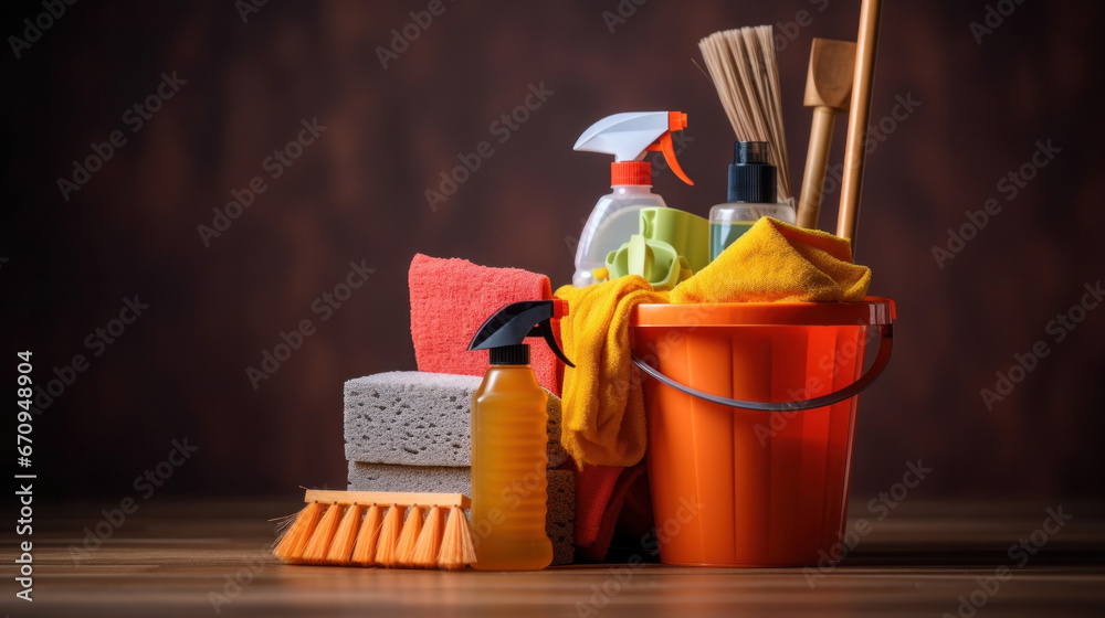 Cleaning equipment, Various household cleaning products in a bucket.