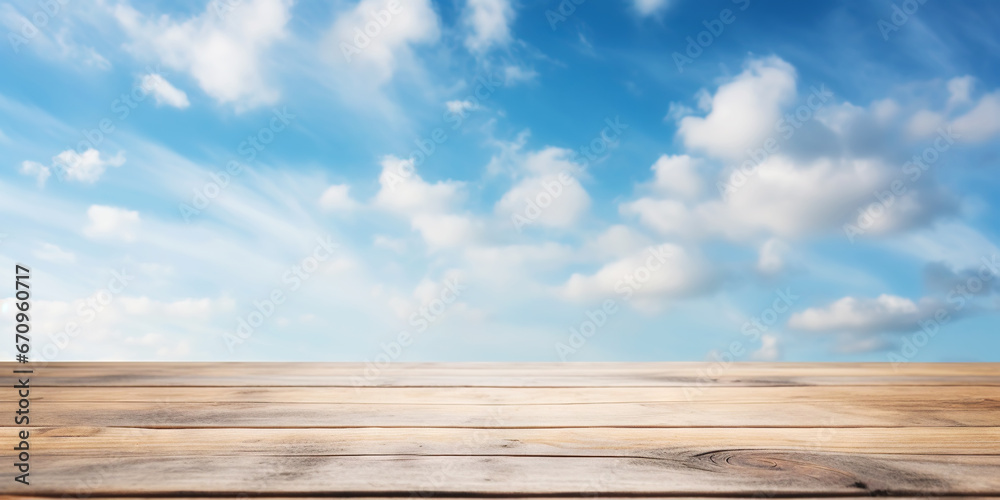 Wood table mockup with blue cloudy sky background. Empty copy space for product presentation. Generative AI