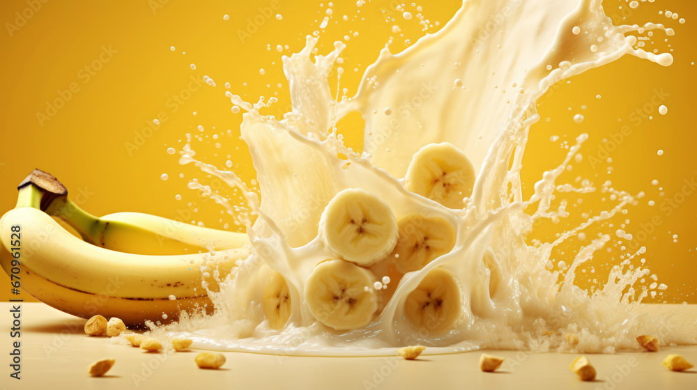 Milk splash with bananas. Sweet dessert cream sweet. Milkshake concept. Generative AI