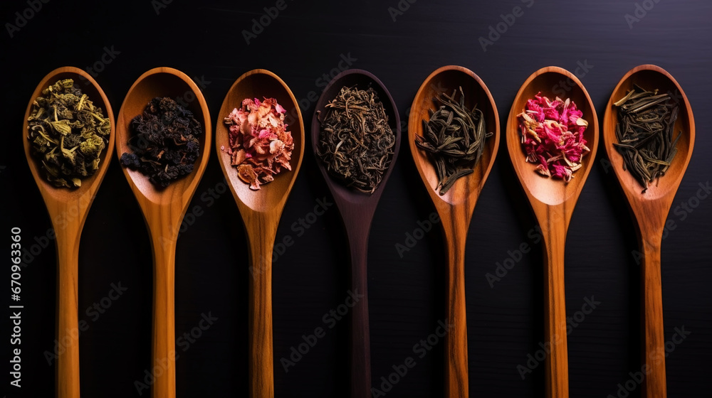 Different types of tea and herbs in vintage wood spoons, top view on dark background. Copy space. Generative AI