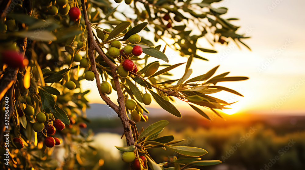 Closeup of olives with dew drops on the branch of olive tree on the sunset. Generative AI