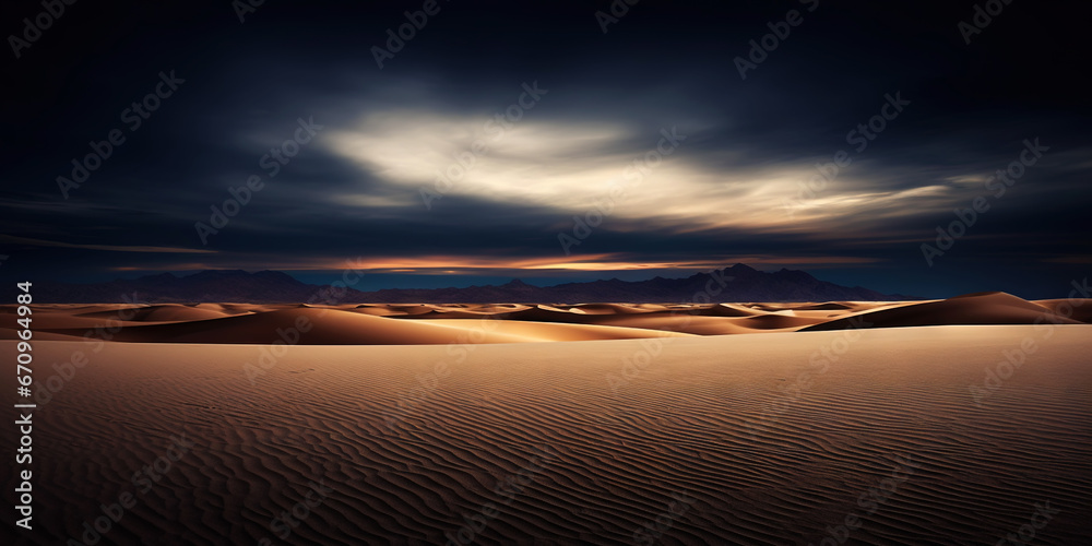 Dramatic sky over desert. Dark clouds over sand dunes. Generative AI