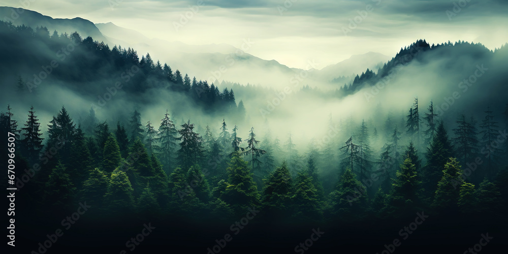 Misty mountain landscape with fir forest in vintage retro style. Generative AI