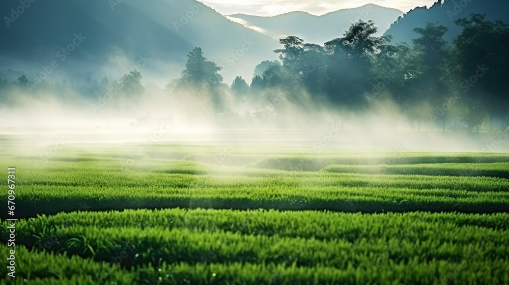 Beautiful mystery green rice fields covered by morning fog, mountain in the background. Generative AI