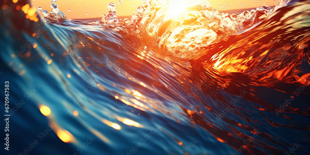 Closeup of the ocean wave. The sea in the light of summer sunset. Travel, vacation concept. Generative AI