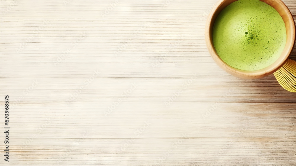 Matcha tea powder in a wooden plate on light wooden background with whisk, top view, copy space. Generative AI