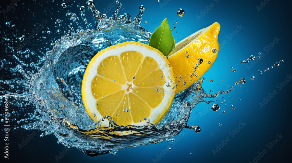 Fresh lemon with water splashes on dark background. Generative AI