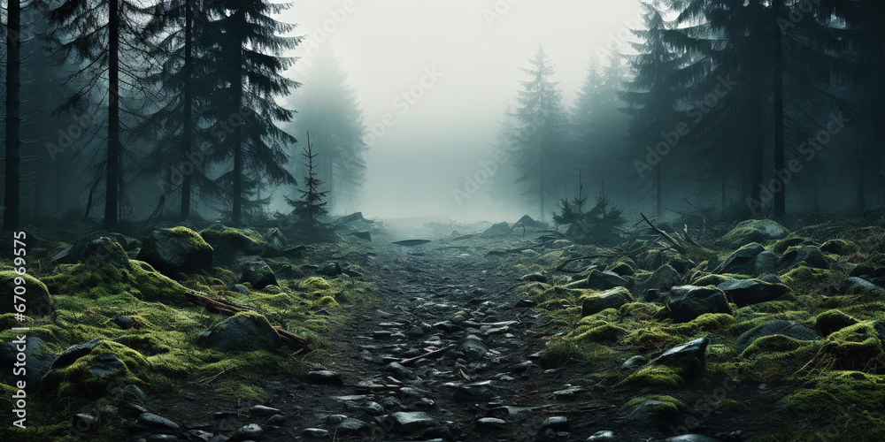 Misty forest with dare trees and rocks. Minimalistic scenery landscape. Generative AI