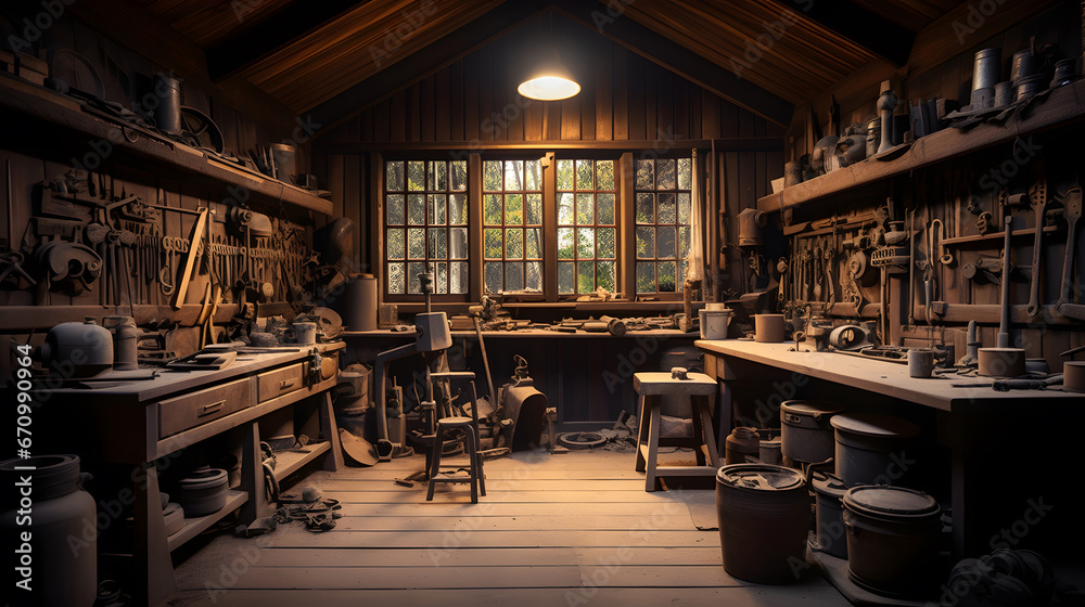 Woodworking workshop. An old shed type wood worker or carpenters work place with old tools on the wall and rustic feel. .