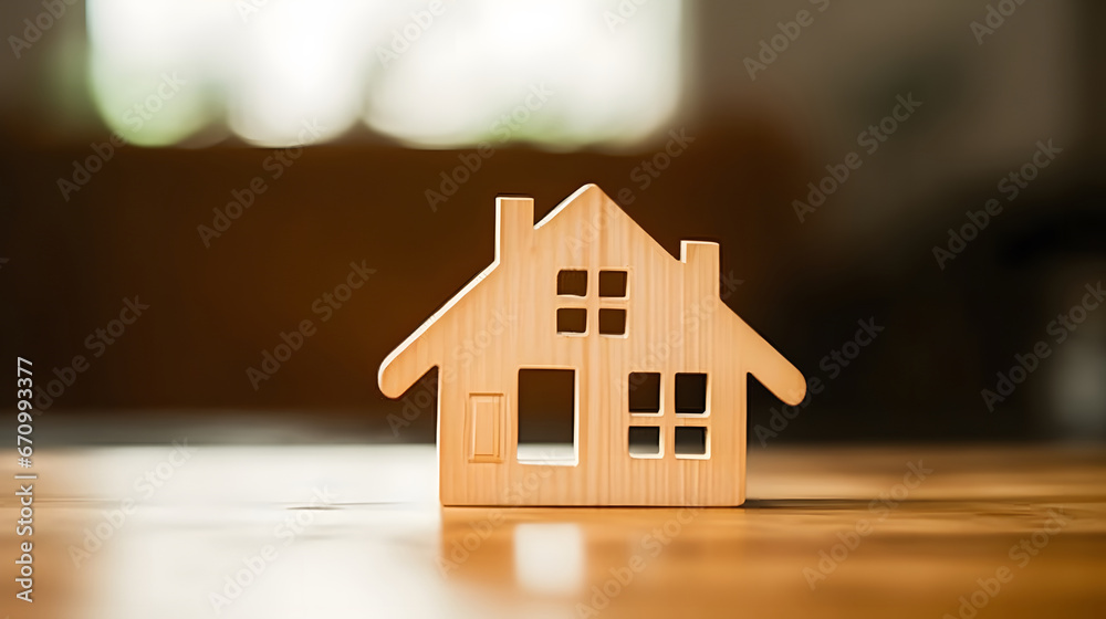 Wooden house model on wood background, a symbol for construction , ecology, loan, mortgage, property or home.Family life and business real estate concept.