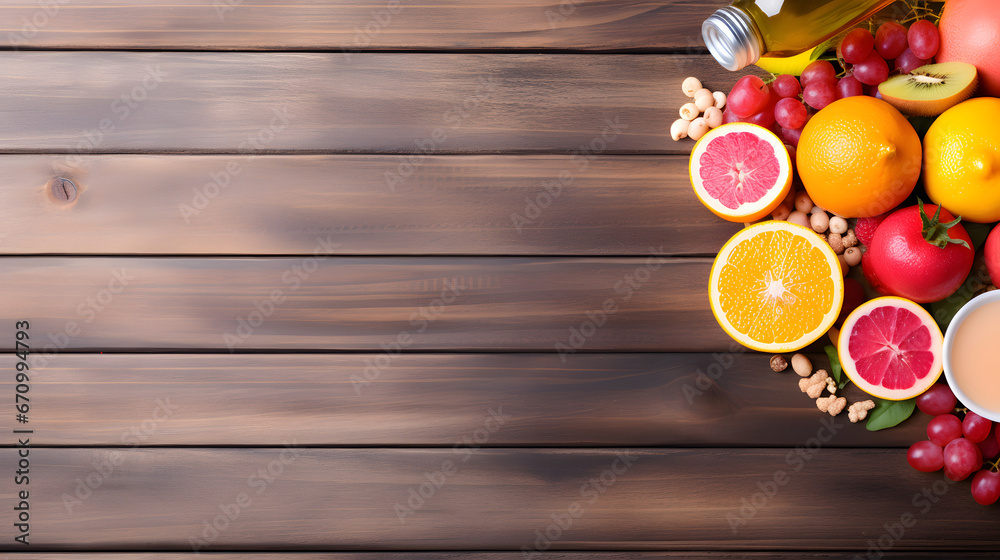 Fitness concept, pink sneakers, weight plates, dumbbells, sandwich, fruits and orange juice, wooden background, top view