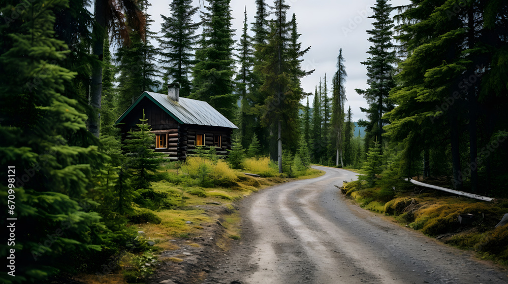 A road leading to a remote cabin in the woods., cottage nestled in the woods