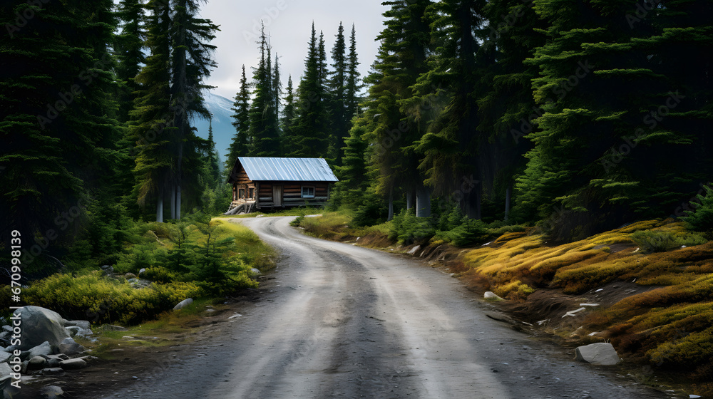 A road leading to a remote cabin in the woods., cottage nestled in the woods