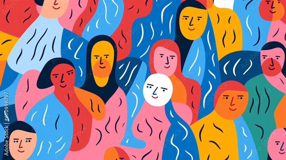 Abstract illustration, diverse group of people. Modern and simplistic art style, with each individual represented by a unique color, emphasizing diversity and inclusivity.