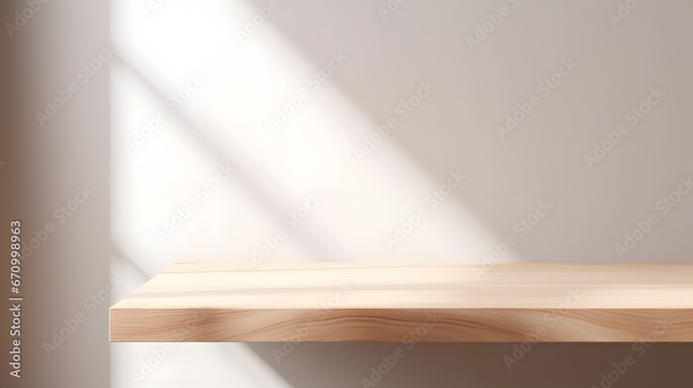 Empty minimal natural wooden table counter podium, beautiful wood grain in sunlight, shadow on white wall for luxury cosmetic, skincare, beauty treatment, decoration product display background 3D