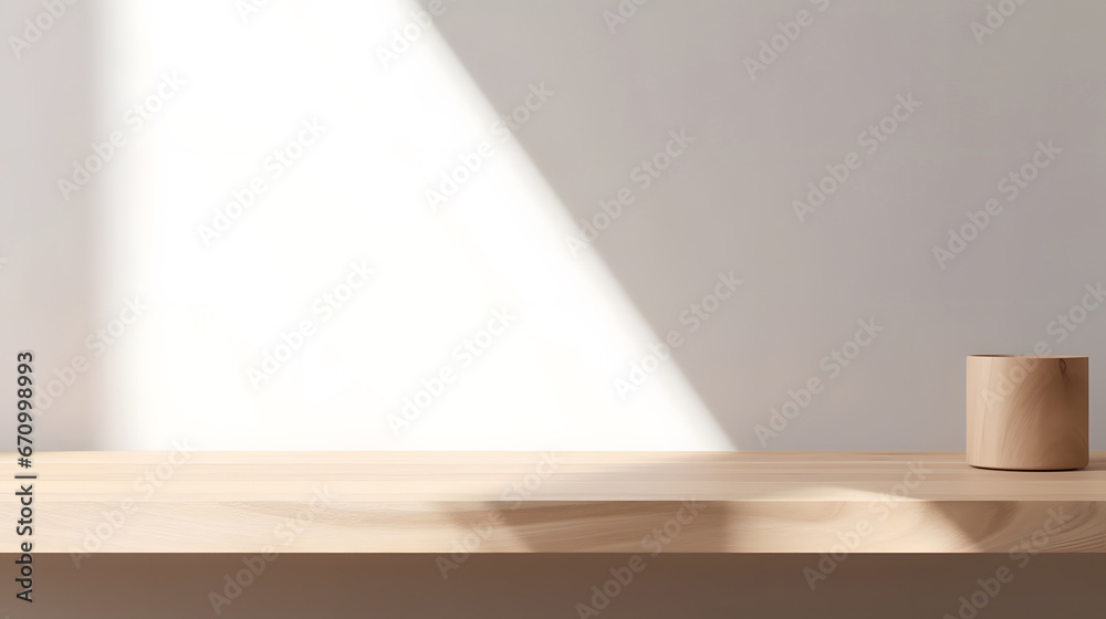 Empty minimal natural wooden table counter podium, beautiful wood grain in sunlight, shadow on white wall for luxury cosmetic, skincare, beauty treatment, decoration product display background 3D