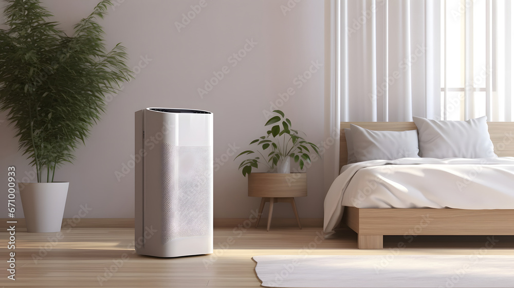 interior of a bedroom, White modern design air purifier, dehumidifier in beige brown wall bedroom, gray cover sheet bed, tropical palm tree in sunlight on wood parquet floor