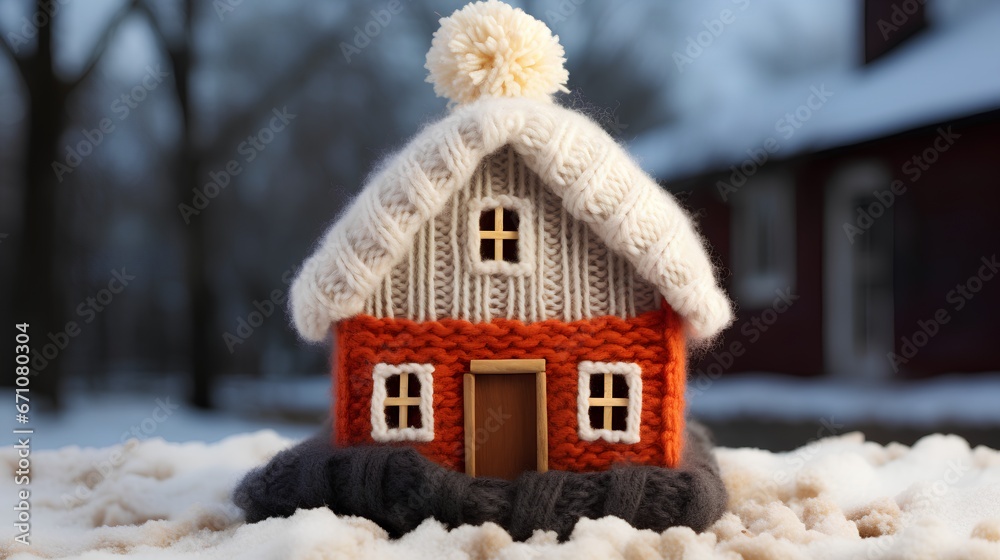 Proper insulation during the cold winter heating season. Cozy house with knitted cap placed on the roof. Energy efficiency and warmth. Save electricity with effective home insulation.