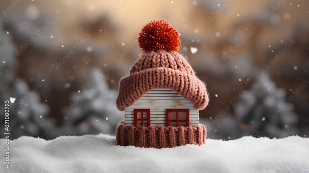 Proper insulation during the cold winter heating season. Cozy house with knitted cap placed on the roof. Energy efficiency and warmth. Save electricity with effective home insulation.