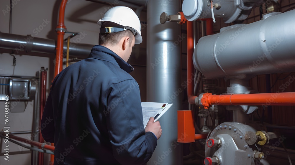 Professional engineer inspecting heating system in preparation for the winter season. He is performing a safety and efficiency checkup to ensure the system is functioning optimally and safely.